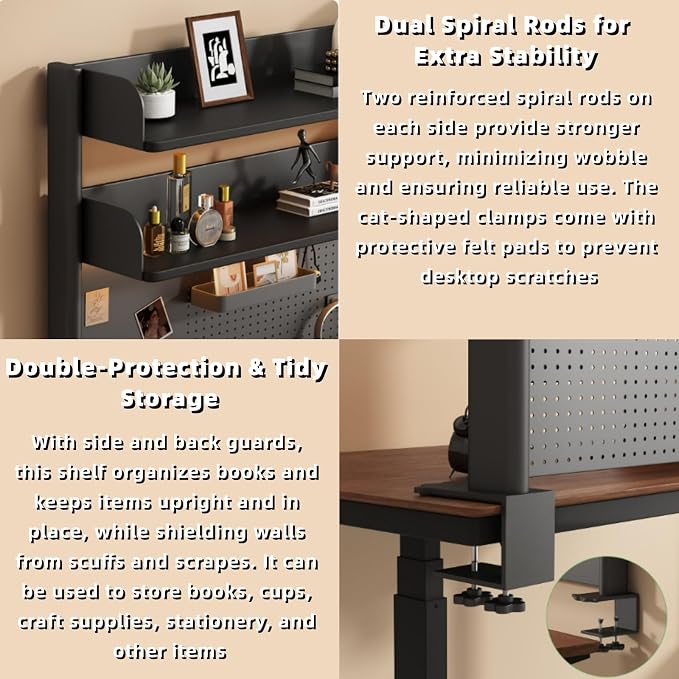 Clamp on Desk Pegboard, 39.4" W x 37.4" H Desk Extender Pegboard Bookshelf Computer Desk Accessories with Shelf for Tool Organizer Office, Privacy Panel for Gaming Desk, Black