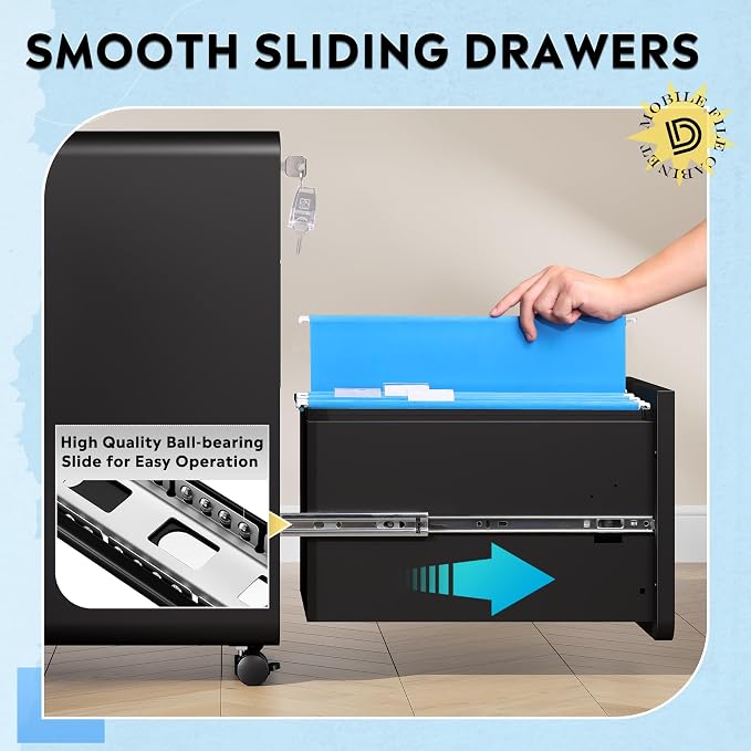 DEVAISE 3 Drawer Mobile File Cabinet, Under Desk Metal Filing Cabinet with Lock for Home Office, Office File Cabinet fits Letter/Legal Size, Pre-Assembly, Black