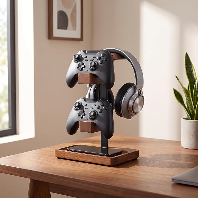 Headphone Stand with Controller Holder, Gaming Headset Stand for Desk, Walnut Headphone Holder Desk Organizer Gaming Accessories Gift for Gamers (Light Walnut)