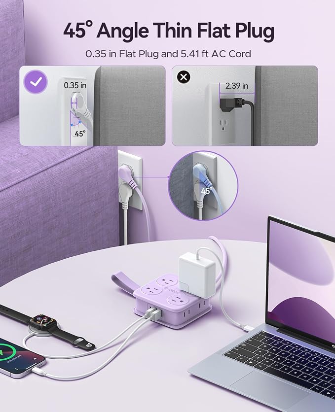 5 Ft Extension Cord with 3 USB Ports, ORICO Power Strip for Desktop, 4 Side Outlet Extender(8 AC) & Flat Plug, 11 in 1 Charging Station for Home/Office/Dorm - AP3 PRO