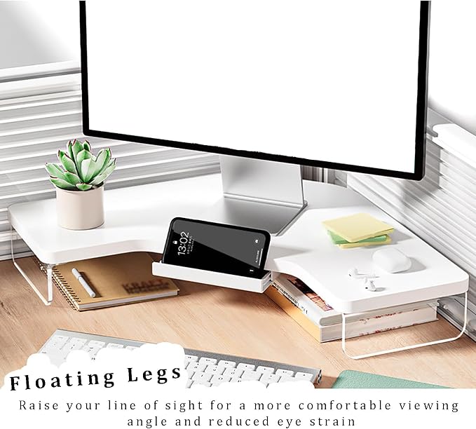 SAZDFY Wooden Corner Monitor Stand, Office Desktop L-Shape Desk Triangle Riser Space Saving Corner Organizer with Drawer, Office Desktop Shelf Organizer for Laptop/Computer, White