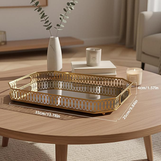 Durable Decorative Organizer for Dresser, Bedroom, Bathroom Countertops - Spacious with Handle in Your Desk Space Scratch-Resistant - Gold(Large)