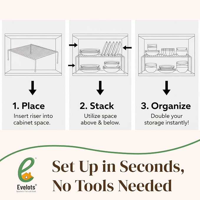 Evelots Kitchen Cabinet Wire Shelf Organizer/Rack - 2 Pack Sturdy Metal Shelf Risers - Double Your Counter Space - Great for Kitchen, Freezer, Pantry and Bathroom - Rustproof - Black