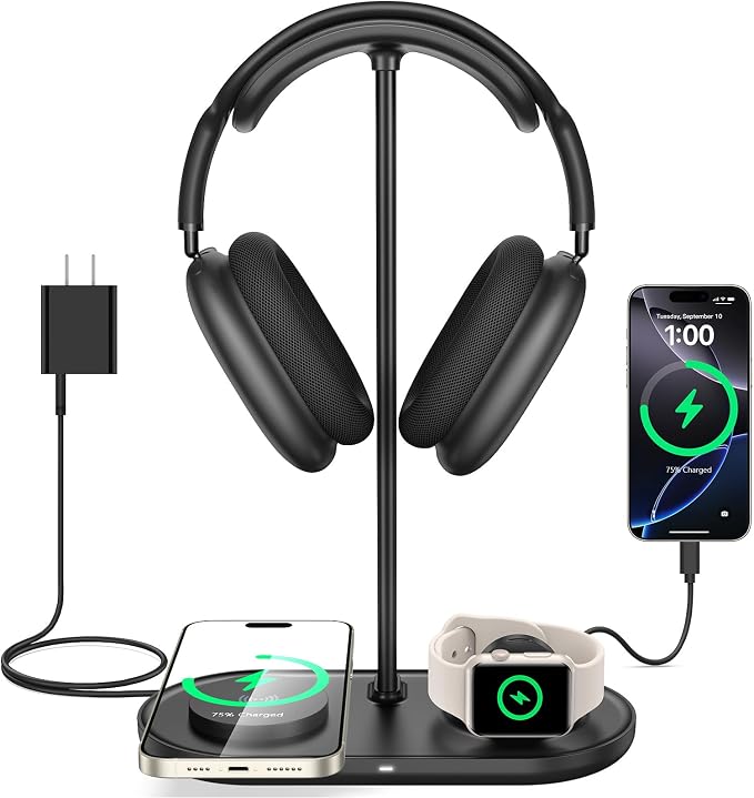 TopMade 4 in 1 Headphone Stand for Desk with Wireless Charger & USB Charging for iPhone/AirPods/iWatch, Universal Desktop Gaming Headset Holder for Airpods Max, Bose, Beats, Razer and More, Black