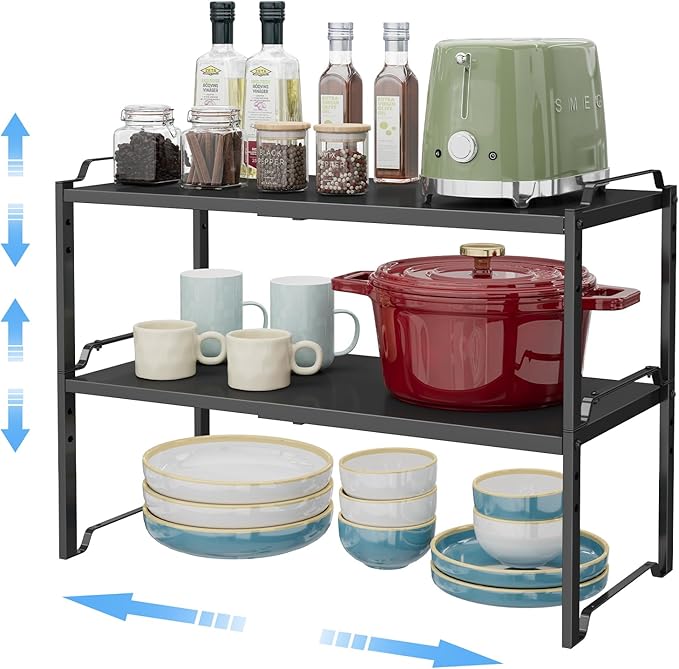 2 Pack 11” Depth Expandable Kitchen Cabinet Organizer Shelves, Metal Kitchen Countertop Organizers and Storage Shelving, Heavy Duty Stackable Storage Rack Shelf For Pantry Cupboard Counter Tabletop