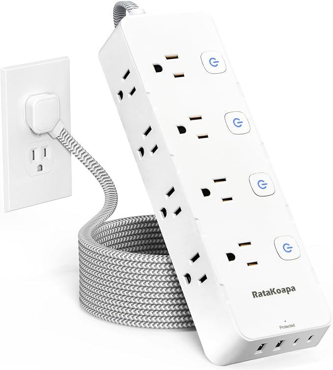 10 Ft Surge Protector Power Strip - 8 Widely AC Outlet 4 USB Ports(2 USB C), Flat Plug Extension Cord with Multiple Outlets, Individual Switches, Desk Extender for Dorm, Home, Office Essentials, 1400J
