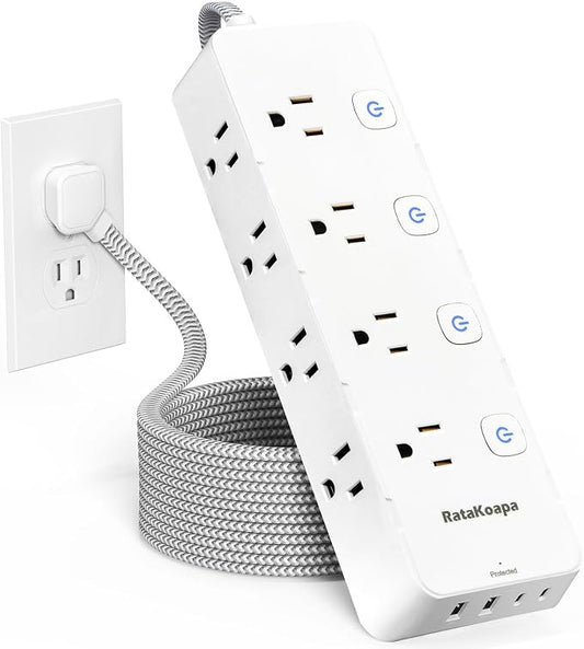 10 Ft Surge Protector Power Strip - 8 Widely AC Outlet 4 USB Ports(2 USB C), Flat Plug Extension Cord with Multiple Outlets, Individual Switches, Desk Extender for Dorm, Home, Office Essentials, 1400J