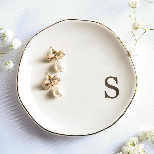 Ceramic Jewelry Tray Ring Dish Personalized S-Monogrammed Engagement Wedding Gifts, for Birthday Mother's Day for Women, Ceramic White 4.75" (S)