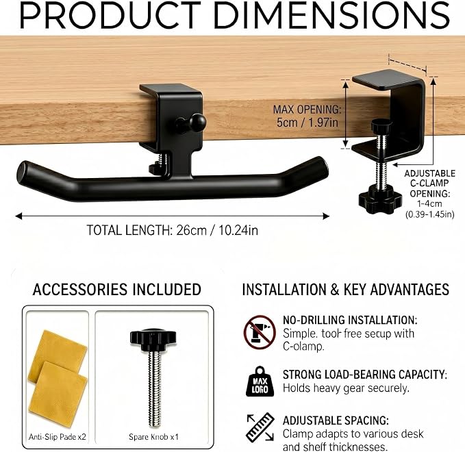 Desk Hook for Bag, Adjustable Purse Hook for Table (1-4cm/0.39-1.45in), Heavy Duty Carbon Steel Backpack Hanger, 80lb Capacity Clamp-On Bag Holder for Office, Classroom, Cafe, Home, and Gaming (Black)