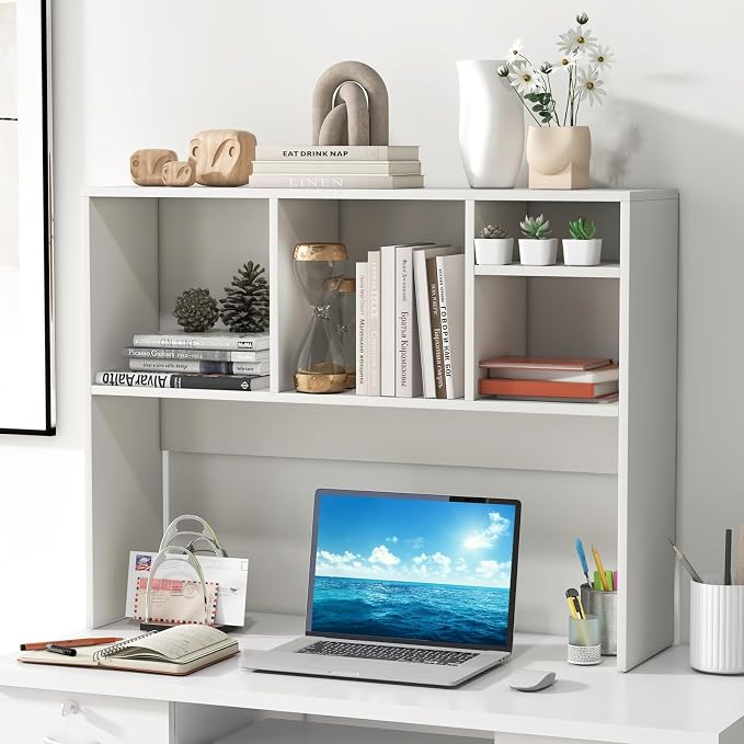 Giantex Desktop Bookshelf, Countertop Storage Hutch with 4 Shelves for Computer Desk, Dressing Tabletop Display Rack, Multipurpose Desk Hutch Storage Organizer for Home Office Dorm, White