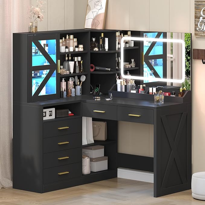 L-Shaped Corner Vanity Desk with LED Lighted Mirror & Charging Station, Black Makeup Vanity with 6 Drawers & Sliding RGB Cabinet, Large Farmhouse Dressing Table with Open Storage Shelves for Women