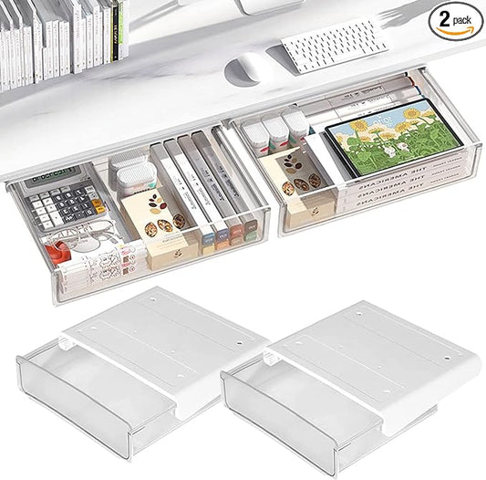 OSPNIEEK Self-adhesive Under Desk Drawer Organizer, 2 Pack Table Hidden Slide Out Large Storage Mounted Desktop Pencil Holder Tray Drawers for Office Home School Stationery Kitchen (Large, White)
