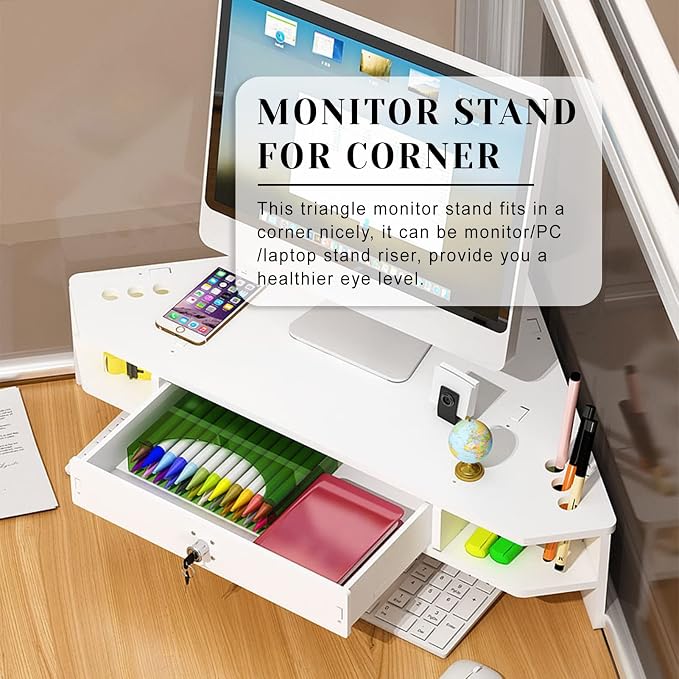 White Corner Monitor Riser with Drawer - Ergonomic Triangle Screen Stand with Lock, Space-Saving Desk nizer for Improved Comfort and Productivity