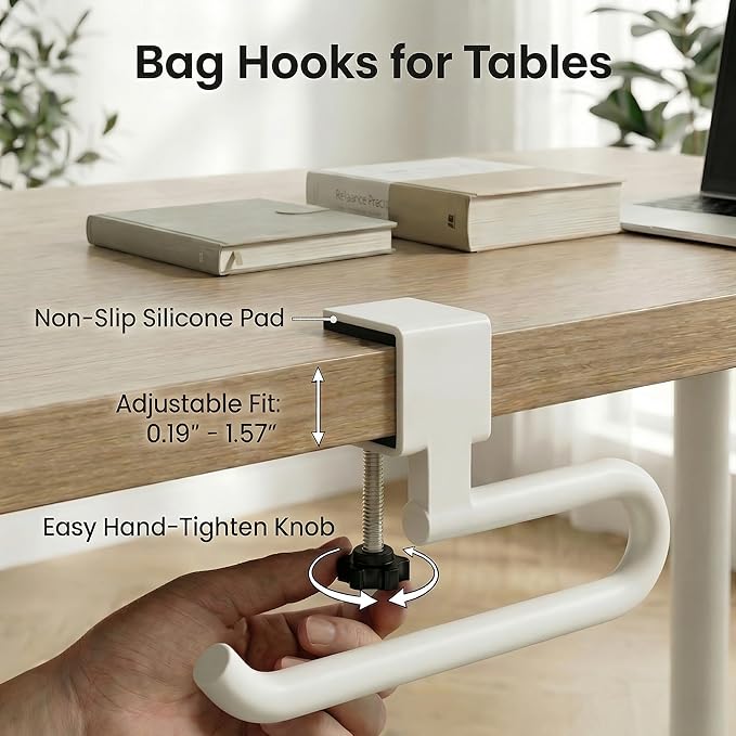 Desk Hook & Bag Hooks for Tables, Anti-Slip 60LB Heavy Duty Clamp-On Backpack Hanger, Extended Clearance Bag Holder for Desk for Office & Gaming, Adjustable (0.19-1.57in) (White)