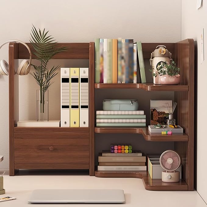 Desktop Corner Bookshelf with Storage Stable Wooden Structure Multifunctional Freestanding Display Rack for Home Dorm Office Supplies(Brown)