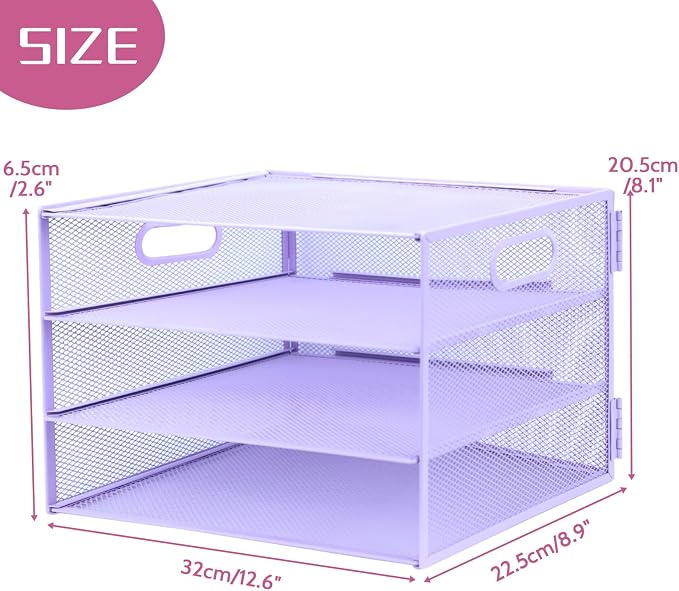 3 Tier Lettrer Tray Organizer, Metal Mesh Desk File Organizer with Sliding Trays, Paper Sorter Desk Organizer for Home Office School, Purple
