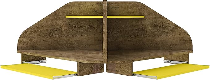 Manhattan Comfort Bradley Corner Floating Desk with Shelves & Gliding Keyboard Drawers, Wall Mounted Table for Small Spaces, Home Office and Bedroom, Mid Century Modern Design, Rustic Brown/Yellow
