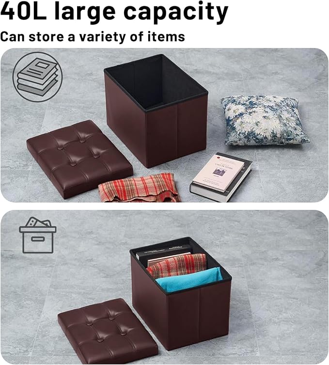 Bsketa Storage Ottoman Foot Rest Stool, Small Leather Storage Ottomans Bench, Folding Footstool with Side Pockets, Foot Rest Under Desk for Living Room Bedroom, 16x12x12 in, Brown 2 Pack