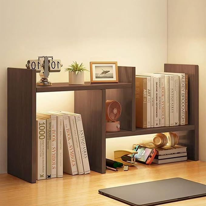 Desktop Shelf Organizer, Adjustable Wood Office Storage Rack, Counter Display Small Bookshelf for Home/Office/School(Dark Walnut)