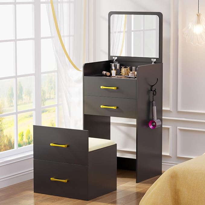Gurexl 3 in 1 Vanity Desk with Flip Top Mirror,Small Compact Vanity with Visible Glass Desktop,Makeup Vanity Set with 3 Drawers,Cushioned Stool,Dressing Table for Bedroom,Black
