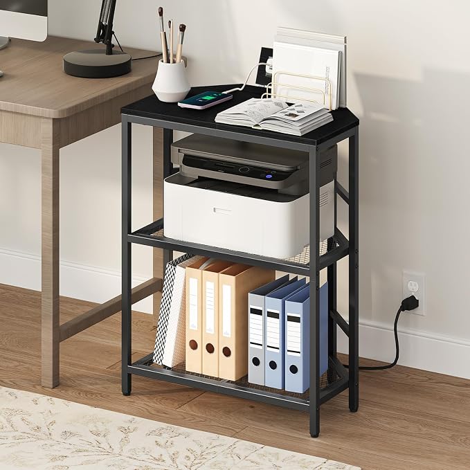 MAHANCRIS Corner Printer Stand with Charging Station, 3-Tier Large Printer Table with Adjustable Feet, Metal Frame Storage Shelf for Office, Living Room, Small Space, Black PTBK14E01