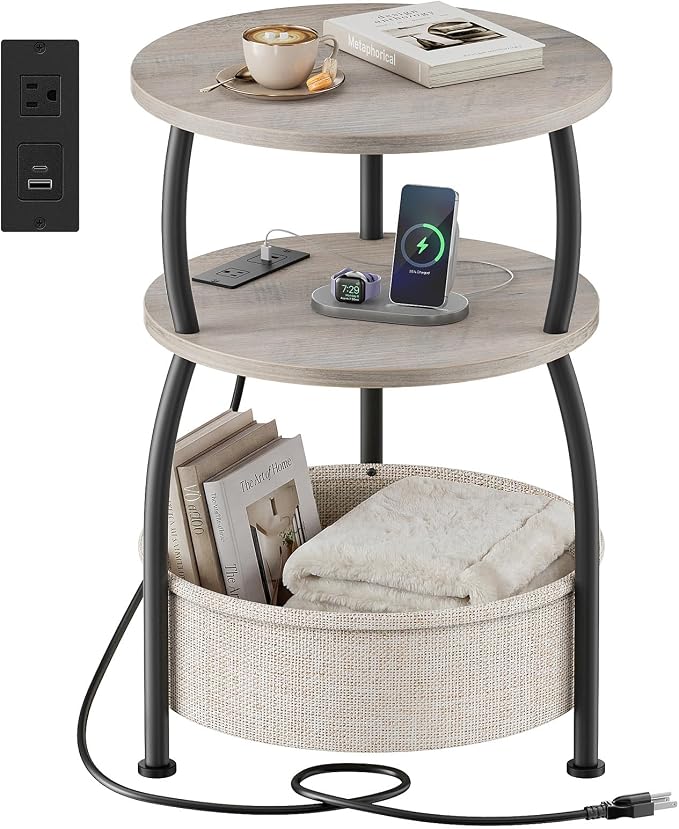 Round Side Table with Power Outlets and Type-C Port, USB Port Small Coffee Table with Basket, Space Saving End Table 3-Tier Bedside Corner Table Stand for Living Room, Bedroom, Garden 15.75in