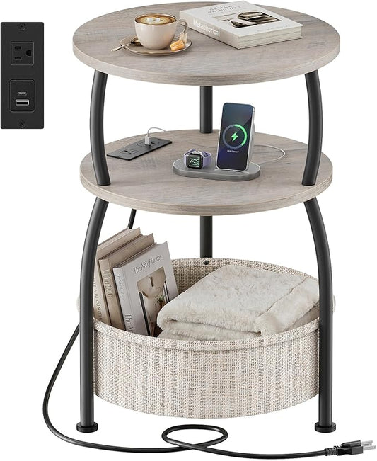 Round Side Table with Power Outlets and Type-C Port, USB Port Small Coffee Table with Basket, Space Saving End Table 3-Tier Bedside Corner Table Stand for Living Room, Bedroom, Garden 15.75in