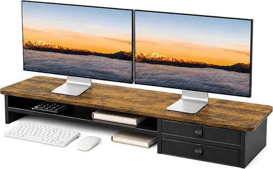 Dual Monitor Stand, 42.5 Inch Wood Monitor Riser with Drawers, 2 Tier Desktop Organizer for Computer Laptop TV, Large Screen Stand for Home Office Desk