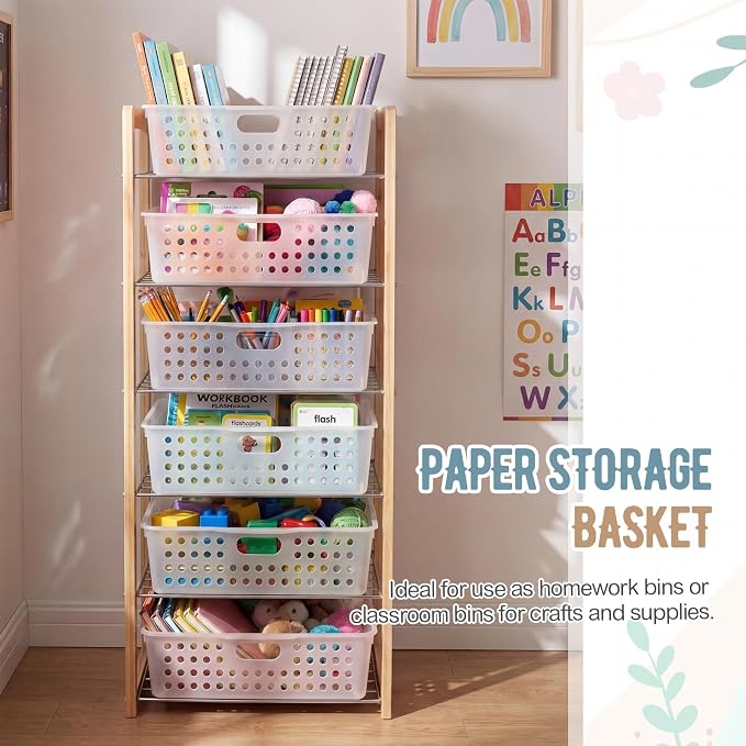 Geetery 12 Pack Classroom Storage Baskets with Handle 14''x10'' Paper Tray Holds A4 Turn in Trays Plastic Paper Baskets Desk Organizer Bin for Classroom, Library, Office, Home (Clear)