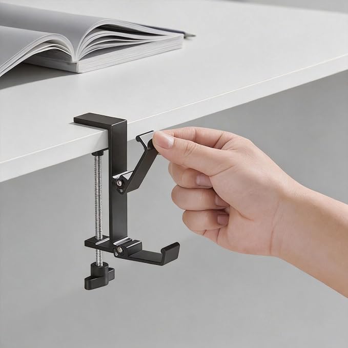 Heavyrain Desk Edge Headphone Holder and Bag Hook, Clamp-On Design, No Drill Installation (Carbon Black)