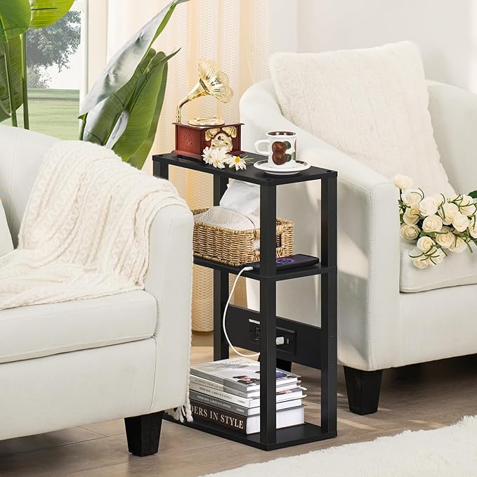 YUFAM 3-Tier Small Narrow Wood Side Table with Charging Station, Skinny Nightstand for Small Space, Slim Bedside Table with Storage for Couch, Thin End Table with USB Ports and Outlets, Black