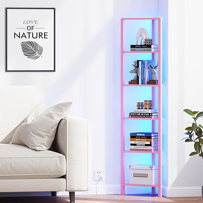 TUTOTAK Corner Shelf with LED Light, 6-Tier Corner Bookshelf for Small Space, Narrow Display Corner Shelf Stand with Storage Rack, for Living Room, Bedroom, Pink BS05BP006L