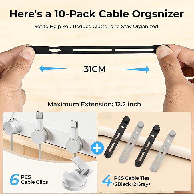 10 Pack Rotatable Cord Holder Organizer & Silicone Cable Straps Set | Adhesive Cable Clips Holder for Desk, Wall, Car - Wire Management Clips for iPhone Charger, USB, Computer Cables Cord Keepers