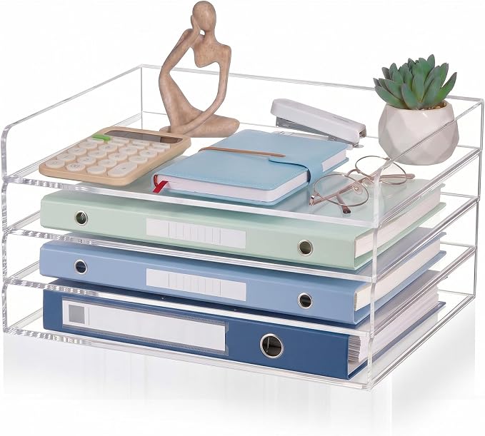 Harloon 4 Tier Acrylic Paper Tray Organizer, Heavy Duty Stackable Clear Organizer for A4/Letter Paper, Acrylic File Storage for Desk, Office Workspace, No Assembly Required, 13 x 10 x 1.7 Inches