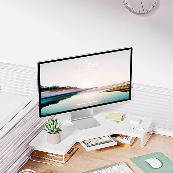 SAZDFY Wooden Corner Monitor Stand, Office Desktop L-Shape Desk Triangle Riser Space Saving Corner Organizer with Drawer, Office Desktop Shelf Organizer for Laptop/Computer, White