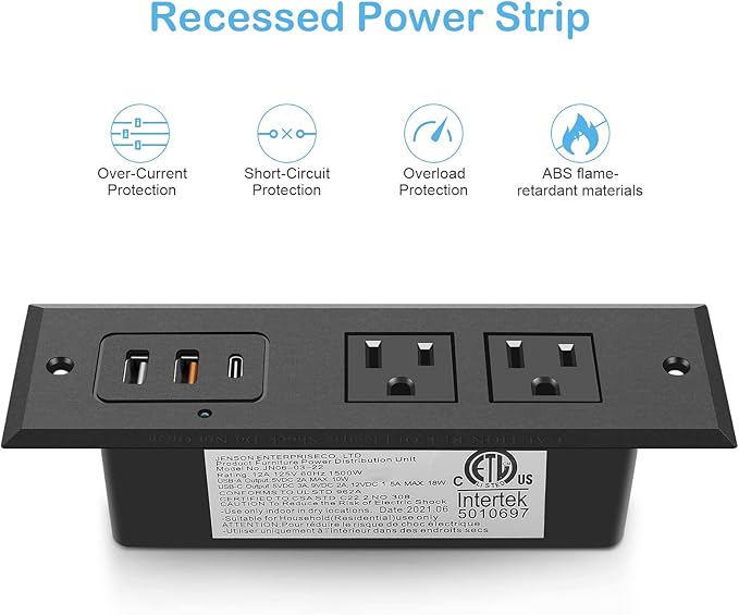 CCCEI Recessed Power Strip with 20W USB C Port, Fast Charging USB A Port Desk Outlet, Furniture Hidden Charging Station for Side Table, End Table, with 10 FT 45 Degree Flat Plug Extension Cord.