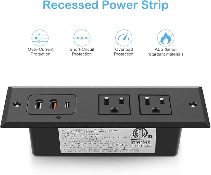 CCCEI Recessed Power Strip with 20W USB C Port, Fast Charging USB A Port Desk Outlet, Furniture Hidden Charging Station for Side Table, End Table, with 6FT 45 Degree Flat Plug Extension Cord, Black