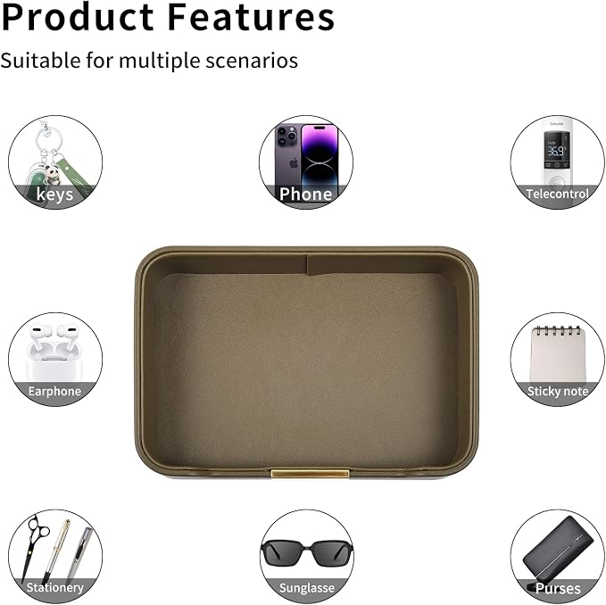 Luxury Leather Valet Tray Desktop Storage Organizer,Bedside Vanity Catchall Tray Nightstand Caddy Holder for Cosmetic,Jewelry,Watch,Keys,Phone,Wallet,Remote Controller,Pen,Olive Green