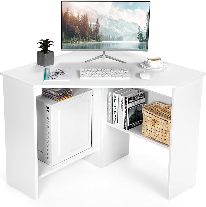 LDAILY Moccha Corner Desk, Space-Saving Computer Desk for Small Spaces, Vanity Desk with Storage Shelves & 2 Cable Holes, for Home Office, Living Room, Bedroom (White)