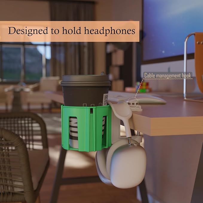 Original Large Desk Cup Holder Clamp Green | Anti-Spill Mount, Multi-Directional Drink Holder, Headphone Hanger, For Table, Desks, Office & Gaming Setup