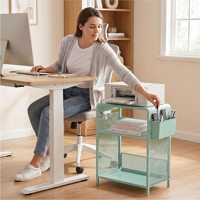ECOLOVI 3 Tier Printer Stand for Under Desk, Height Adjustable Shelf Small Printer Table with 3 S-Hooks & Basket, Heavy Duty Industrial Storage Shelf for Home Office (Green Metal)