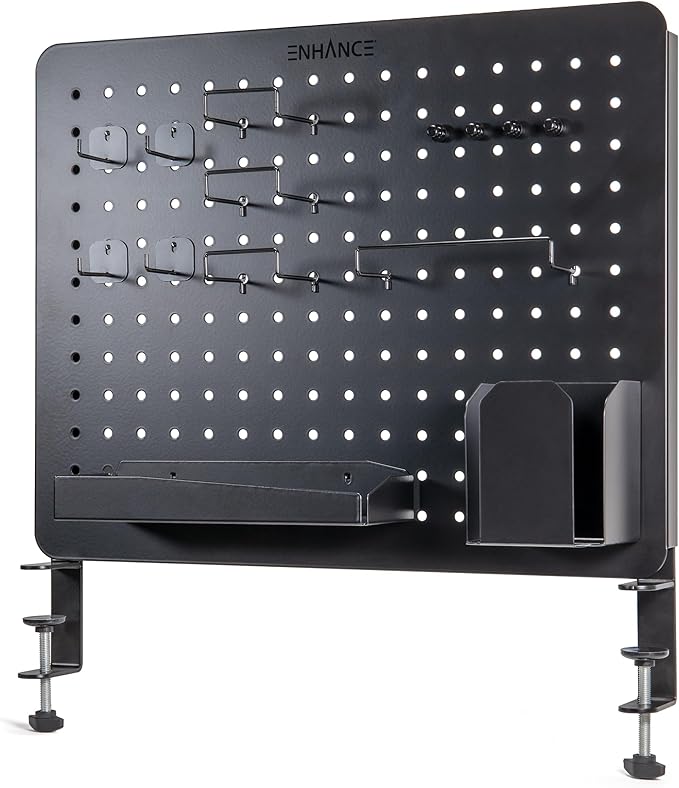 ENHANCE Metal Pegboard Desk Organizer (18 x 14 in) Clamp On Desk Peg Board with 14 Attachments, Pegboard Shelf and Pegboard Hooks, Desktop Organizer for Home Office, Crafts, or Gaming Setups