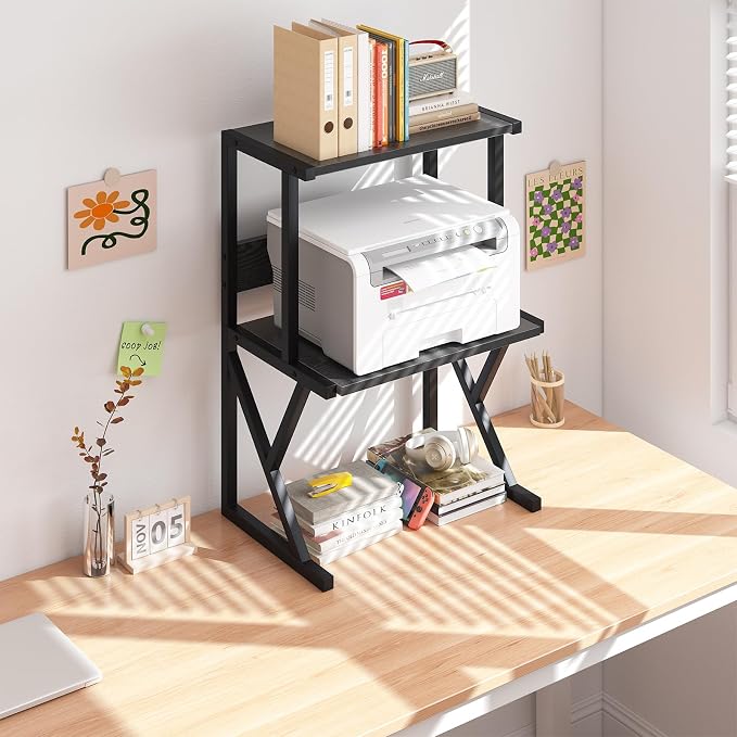 aboxoo Desktop Printer Stand with 3 Tier Wood Storage Shelves,Under Desk Printer Table,Multi-Purpose Home Office Desk Organizer for Fax Machine, Scanner (Black)