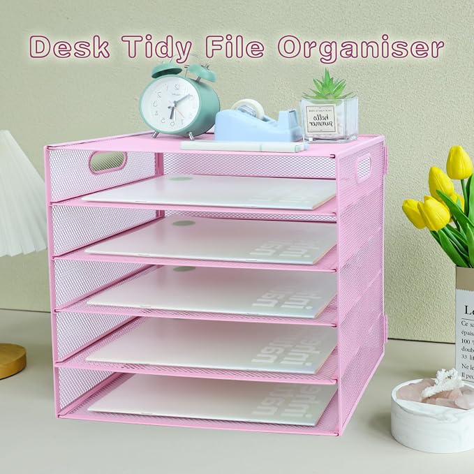 5 Tier Lettrer Tray Organizer, Metal Mesh Desk File Organizer with Sliding Trays, Paper Sorter Desk Organizer for Home Office School, Pink