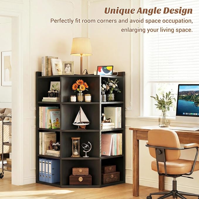 Aheaplus 5-Tier Corner Cube Bookshelf with Power Outlets, Wooden Corner Storage Cabinet with 12 Cubes, Corner Cube Organizer Shelf with Top Table, L Shaped Cubby Bookcase for Home Office, Black