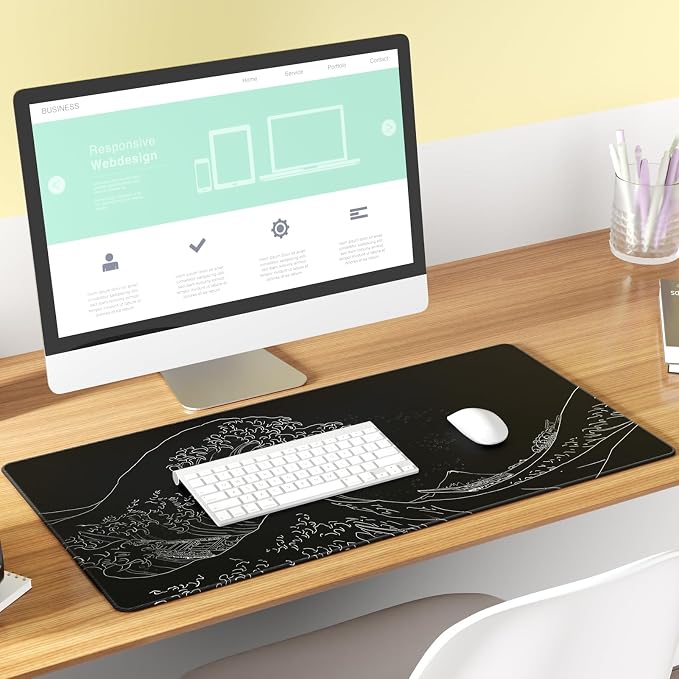 KTRIO Large Gaming Mouse Pad, Desk Mat, 31.5 x 15.7 in, Kanagawa Wave, XXL | Smooth Micro-Weave Surface, Artistic Pattern Design, Non-Slip Rubber Base, Durable Stitched Edges, Office & Home Use