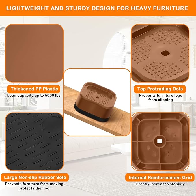 Furniture Risers Adjustable Bed Risers Heavy Duty Lifts Height 2", Square Stackable Bed Risers 1, 2, 3 or 4 Inch for Desk Leg Table Couch Sofa Chair Bed Frame Legs Dorm, 1+1 Inch, Brown, 4 Pack