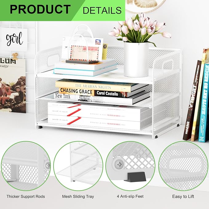3 Tier Letter Tray Paper Organizer with Handle, Mesh Desk Organizer Paper Sorter File Rack Shelves, White