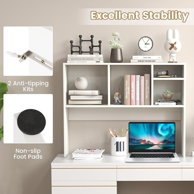 Giantex Desktop Bookshelf, Countertop Storage Hutch with 4 Shelves for Computer Desk, Dressing Tabletop Display Rack, Multipurpose Desk Hutch Storage Organizer for Home Office Dorm, White