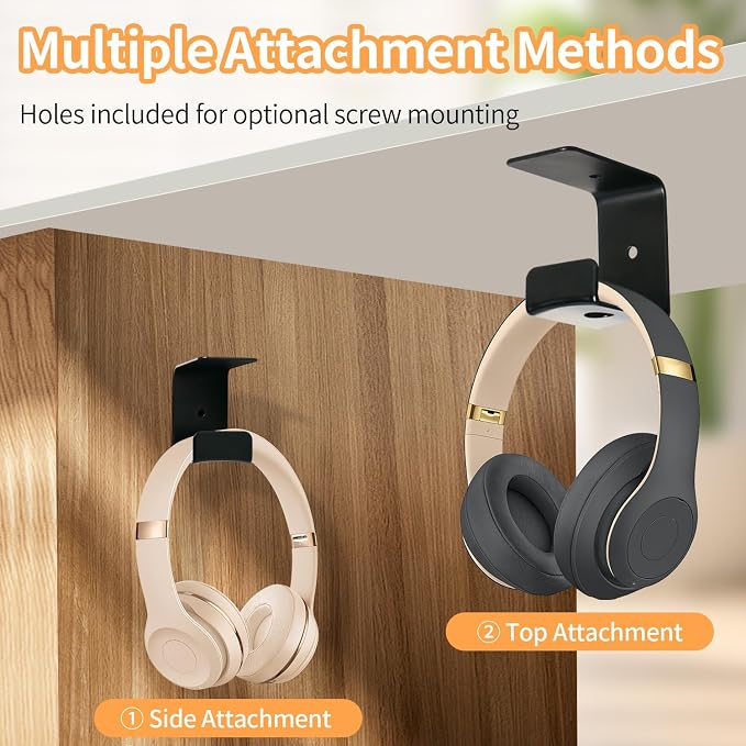 Strong Adhesive Headphone Holder Under Desk, Aluminum Headset Mount Hook with Rubber Pad - 2 Installation Styles for Gaming, Office, Classroom (1 Pack)